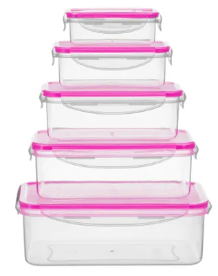 A set of five clear plastic food storage containers with pink lids, stacked on top of each other.