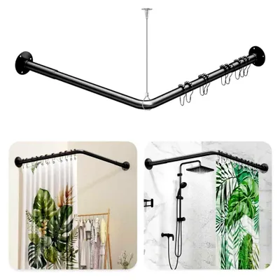 Produktbild von L-förmige Duschvorhangstange, 99 - 132 cm x 180 cm, verstellbar, schwarze Duschstange für Badezimmer und Badewanne mit 12 Ringen und Deckenstütze