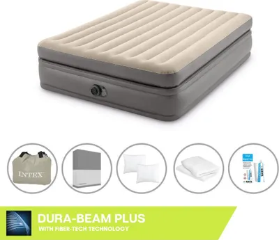 Produktbild von Intex Luftbett - 2 Personen - 152 x 203 x 51 cm - Grau - Mit eingebauter Pumpe, Spannbettlaken Anthrazit, Kopfkissen, Molton 2 in 1 Kissenbezüge en Reperaturset