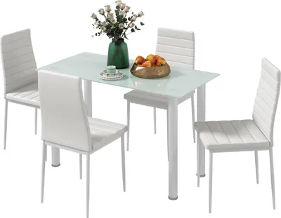 Produktbild von 5-Tlg. Essgruppe, Esstisch Mit 4 Stühlen, Küchentisch Mit Hartglasplatte, Esszimmergruppe, Stahl, Schwarz