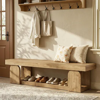 Produktbild von 160 cm Sitzbänke mit Ablagefach, hölzerne Sitzbank für Schlafzimmer, Flur, Eingangsbereich, Naturholz