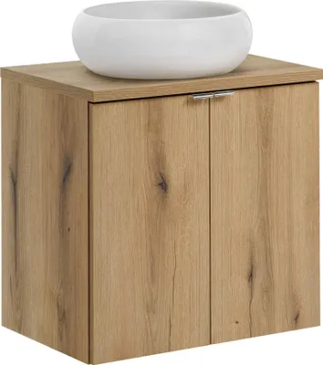 Image de Armoire De Salle De Bain Avec Lavabo 60 Cm En Chêne, Vasque Ronde, Plan De Travail