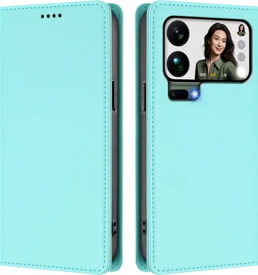 Image de Étui en cuir pour Xiaomi 17 Pro Max, étui à rabat magnétique en cuirPolyuréthaneavec support, vert menthe