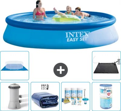 Produktbild von Intex runder aufblasbarer Easy Set-Schwimmpool – 396 x 84 cm – Blau – inklusive Pumpe Sonnensegel - Wartungspaket - Filter - Bodenplane - Solarmatte