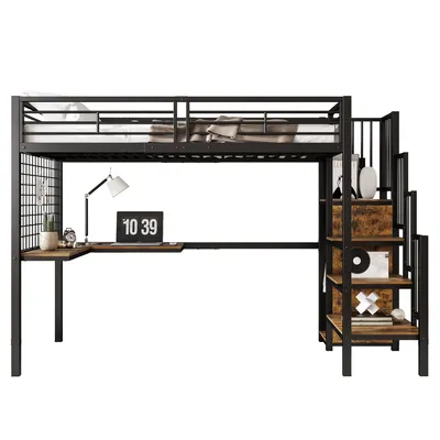 Produktbild von Hochbett mit Schreibtisch, Kleiderschrank, Lattenrost und Rausfallschutz (90x200 cm) Metallbett, Jugendbett