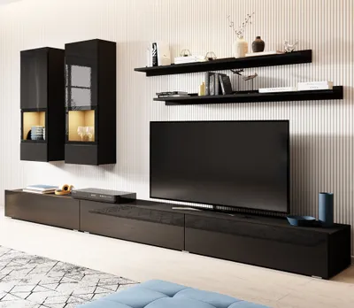 Produktbild von Wohnwand inkl. LED Beleuchtung ARVADA-83 in schwarz Hochglanz mit schwarz matt, B/H/T: ca. 270/200/41 cm