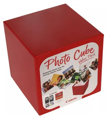 A red cube-shaped box for storing photos, with product information and images printed on one side.