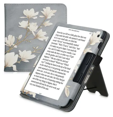 Produktbild von kwmobile Flip Cover kompatibel mit Kobo Libra 2 - Hülle mit Handschlaufe Magnolien Taupe Weiß Blaugrau