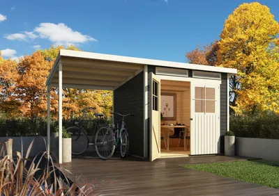 Produktbild von Karibu Gartenhaus Gerätehaus Glücksburg 4 im Set mit Anbaudach terragrau 426x217x220 cm