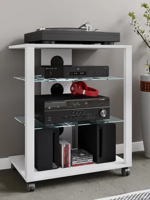 Produktbild von VCM Hifi Holz Möbel | Rack Schrank Phono Regal mit Rollen | 2 Glasböden | Maße: H. 70 x B. 60 x T. 41 cm | Phono Mediaregal - Folas