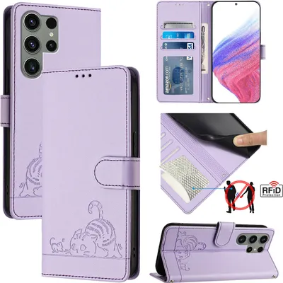 Image de Etui en cuir pour Samsung Galaxy S23 Ultra, étui à rabat avec fonction stand et portefeuille Violet
