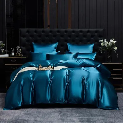Immagine prodotto di Set di lenzuola in raso, 220 x 240 cm - Colore blu petrolio, copripiumino