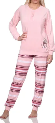 Produktbild von Normann Damen Frottee Schlafanzug lang mit Bündchen - Hose gestreift - auch in Übergröße ; rosa , 56-58