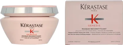 A product shot of a Kérastase Genesis hair mask and its packaging.