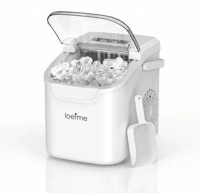 Obrázek produktu pro Přenosný výrobník ledu – stolní model, objem 0,8 l, produkce 12 kg za 24 hodin, doba výroby 6 minut (8 kostek), 2 velikosti kostek ledu, automatické čištění, bílá barva