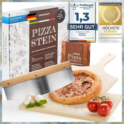 Produktbild von Profi Pizzastein, Pizzaschieber & Pizzamesser Set - Pizzaschaufel, Backstein & Wiegemesser für Backofen - Variante: Premium Set