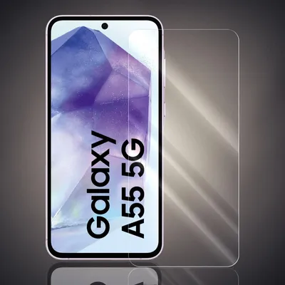 A Samsung Galaxy A55 5G phone screen protector is shown next to a smartphone.