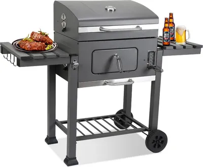Obrázek produktu pro Jayseuw gril na dřevěné uhlí, grilovací vozík pro venkovní použití, zahradní gril na kolečkách 139x67x107,5cm