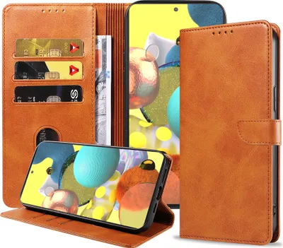 Zdjęcie produktu dla Etui na telefon Samsung Galaxy A51 5G ze sztucznej skóry z magnetyczną wargą i etui na karty z klapką - brązowe - Smartphonics