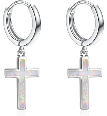 Produktbild von Creolen 925 Sterling Silber Kreuz Sterne Opal Damen Herren 28,5mm