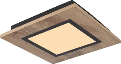 A square ceiling light with a wood-grain effect frame and a black inner border around a lit panel.