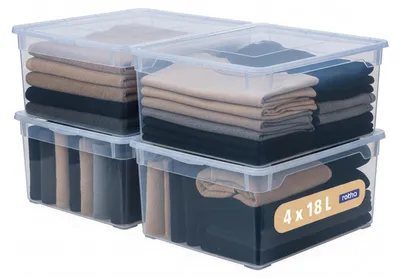 Productafbeelding van Rotho opbergboxen met deksel, set van 4, 18 liter, blauw. Stapelbare opbergboxen