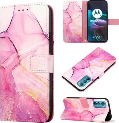 Produktbild von Motorola Edge 30 Hülle, Marmor Motiv Kunstleder Tasche Wallet Kartenfächer mit Standfunktion Klapp Schutzhülle für Motorola Edge 30 Rosa