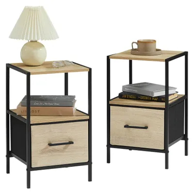 Image de CASABEL Lot de 2 tables de chevet avec tiroir en tissu renforcé effet bois, metal noir et bois, 30×30×50cm, tables de nuit