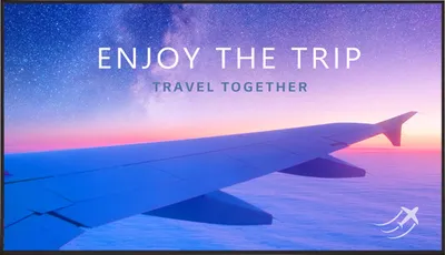 An airplane wing is shown against a colorful sky with stars, with text overlay.
