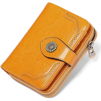 Immagine prodotto di Portafoglio da donna, piccolo, in pelle, con blocco RFID, 12 scomparti per carte, tasca per monete, colore giallo