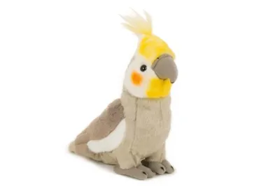 A plush toy cockatiel is sitting on a white background.