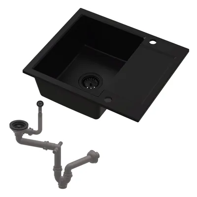 Produktbild von HOMEVELLO Spülbecken DIGNUM Einbecken Granitspüle 59x50x21cm Schwarz, Hochwertige Küchenspüle mit Siphon, Abtropffläche, Pflegeleicht, Kratzfest, Moderne Design, Perfekt für jede Küche