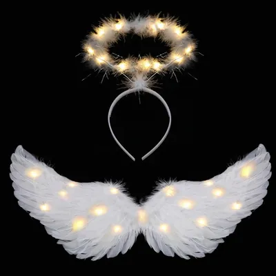 Productafbeelding van Engelenvleugels met Halo - Verlichte Vleugels Kostuum - Feestelijke Aankleding - Met LED Verlichting - 60 cm Spanwijdte - Wit
