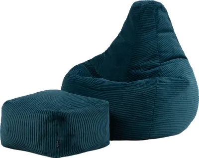 A teal corduroy beanbag chair and matching ottoman are shown against a white background.