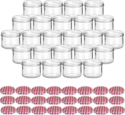 Produktbild von gouveo 24er Set Einmachgläser 230 ml rund mit Schraubverschluss karo-rot BLUESEAL - Vorratsgläser mit TO82 Deckel - Leere Marmeladengläser, Wurstgläser, Einweckgläser, Einkochgläser