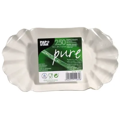 Zdjęcie produktu dla Jednorazowe tacki kartonowe Papstar z serii Pure owalne białe 105 x 200 mm 250 sztuk