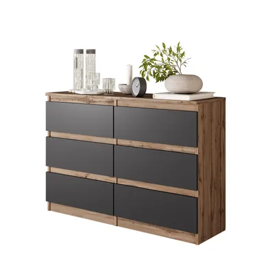 Zdjęcie produktu dla Komoda 100 Cm Dąb Wotan / Antracyt 6 Szuflad Salon, Sypialnia