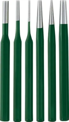 A set of six punches with green handles and silver tips, arranged in a row against a white background.