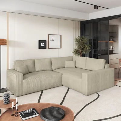 Produktbild von Masseno Ecksofa ERONIS R-S mit Schlaffunktion L-Form, Sofa mit Bettkasten, Wohnzimmersofa, Couch, Soffa, Bettsofa, Couchgarnitur- Creme, POSO 100