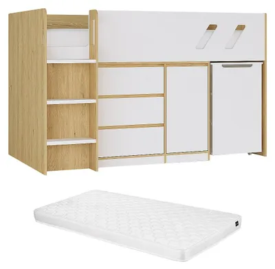 Produktbild von Etagenbett 90 x 190 cm mit Schreibtisch und Stauraum - Natur und weiß + Matratze - SAGITI