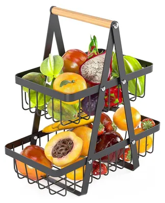Obstkorb Etagere 2-stöckig, schwarz, Metall, abnehmbar, 26x17,5x29,5 cm