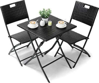 Zdjęcie produktu dla Zestaw bistro na taras - 3-częściowy zestaw mebli ogrodowych - 1 stół + 2 krzesła - Rattan/wiklina - Nowoczesny styl - Na balkon, do ogrodu i na taras - 2 siedziska - Czarny