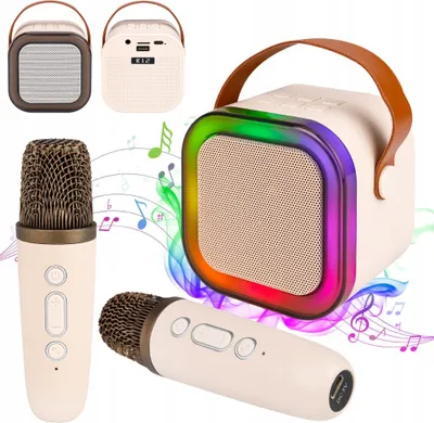 Obrázok produktu pre Prenosný Karaoke Reproduktor 2 Mikrofóny, Bluetooth 5.3, Rgb, Mp3, Aux, 500Mah