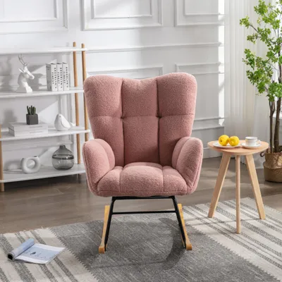 Produktbild von MODFU Moderner Schaukelstuhl aus weicher Stoff mit hohe Rückenlehne, Patchwork Sessel mit Metallgestell, Schwingsessel Relaxstuhl Retro Sessel für Schlafzimmer, Wohnzimmer, Rosa