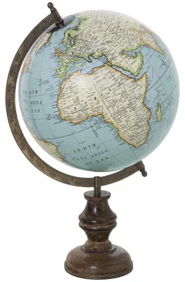 Immagine prodotto di Globo terrestre, diametro 25 cm, metallo blu, base in legno, mappa del mondo colorata, ideale per ufficio e casa
