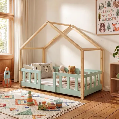 Produktbild von Kinderbett ’Treviolo‘ in Haus-Optik mit Rausfallschutz Kiefernholz 70 x 140 cm Mintgrün / Natur
