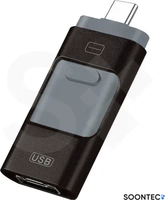 A product shot of a USB-C flash drive with both USB-A and USB-C connectors.