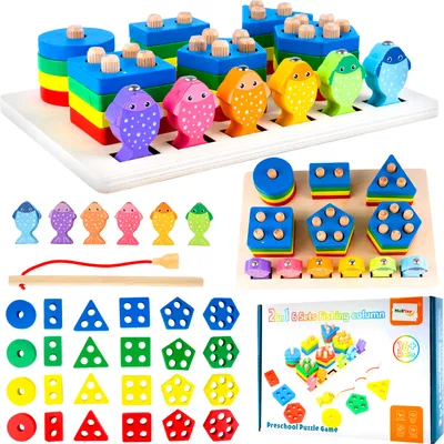Zdjęcie produktu dla Malplay Drewniane zabawki Montessori Sortowanie Łowienie ryb Edukacyjna gra z drewnianymi klockami, puzzle dla dzieci od 1 2 3 roku życia
