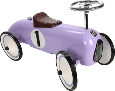 Produktbild von Retro-Laufauto für Kleinkinder mit Richtungslenkrad, Rutschauto im Vintage-Design aus Metall, Räder gummibereift, Sitz nach hinten verstellbar, bis max. 20 kg, lila