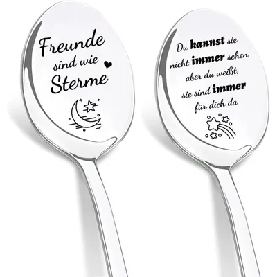 Zdjęcie produktu dla Zestaw dwóch łyżeczek do kawy z grawerem "Przyjaciele są jak gwiazdy", wykonanych ze stali nierdzewnej, długość 19 cm